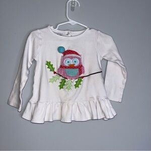 Mud Pie White Long Sleeve Shirt with Festive Owl